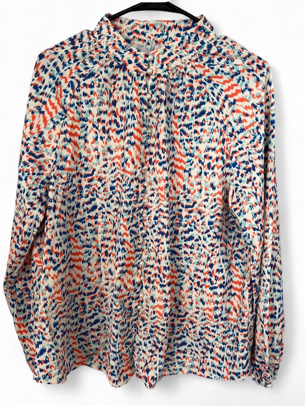 Printed Long Sleeve Ruffled Neck Blouse - Coral, Navy & Cream NWOT